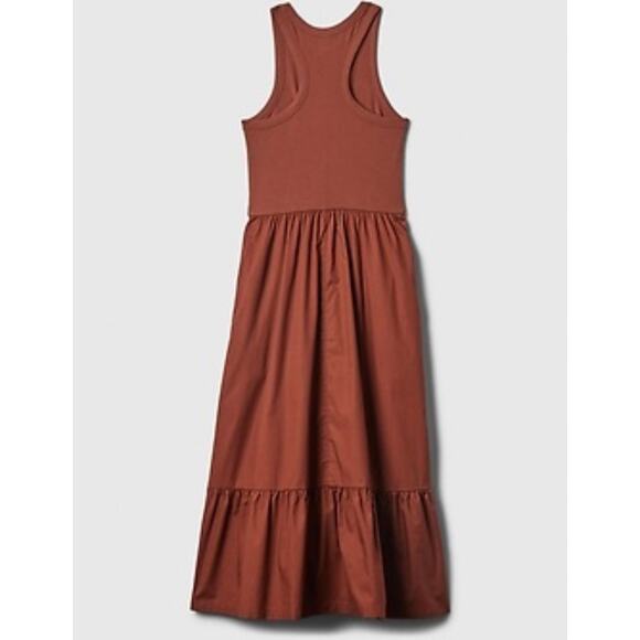 GAP Mixed Media Ruffle Midi Dress M Rust Brown Ribbed Top Tiered Skirt EUC - Picture 2 of 6